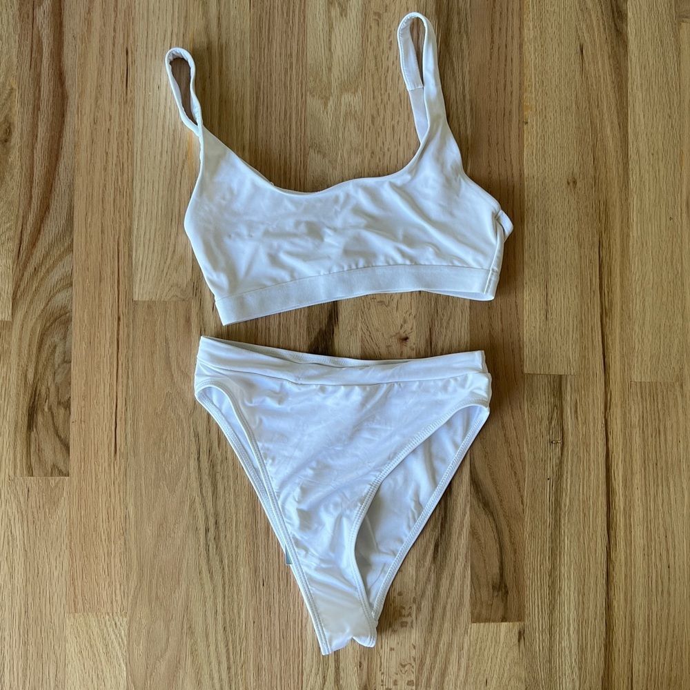 Misguided high waisted white bikini bottoms strappy square neck top small summer - Picture 1 of 6